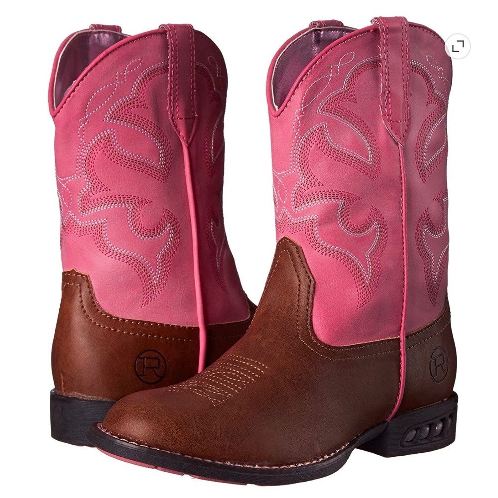 Roper Kids' "Lightning" brown‎ western boots pink shaft tan faux leather size 3